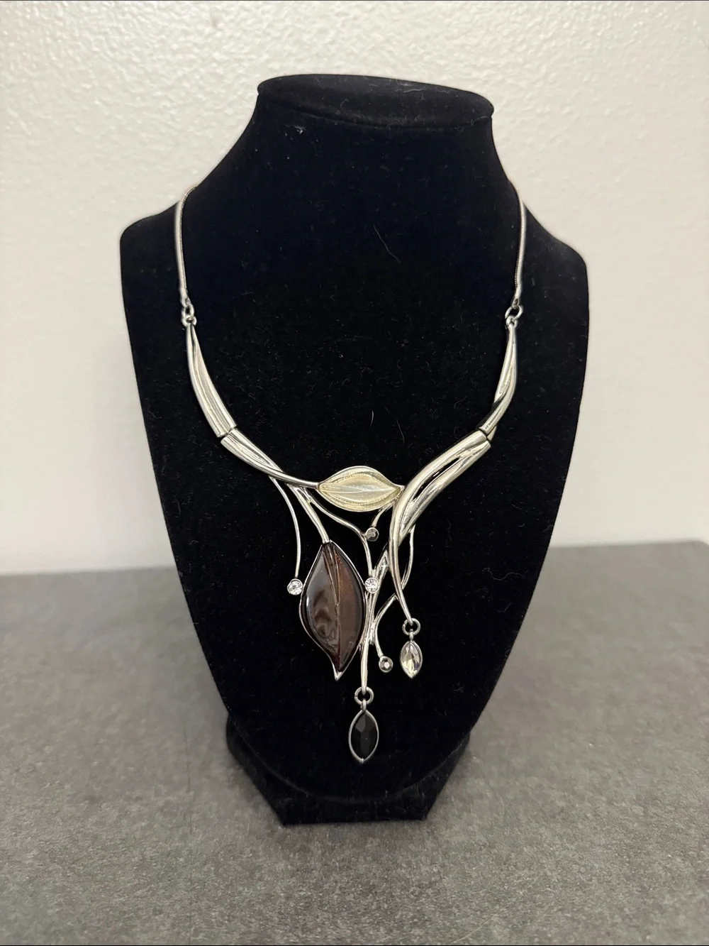 Silver Leaf Drop Necklace with Smoky Accent